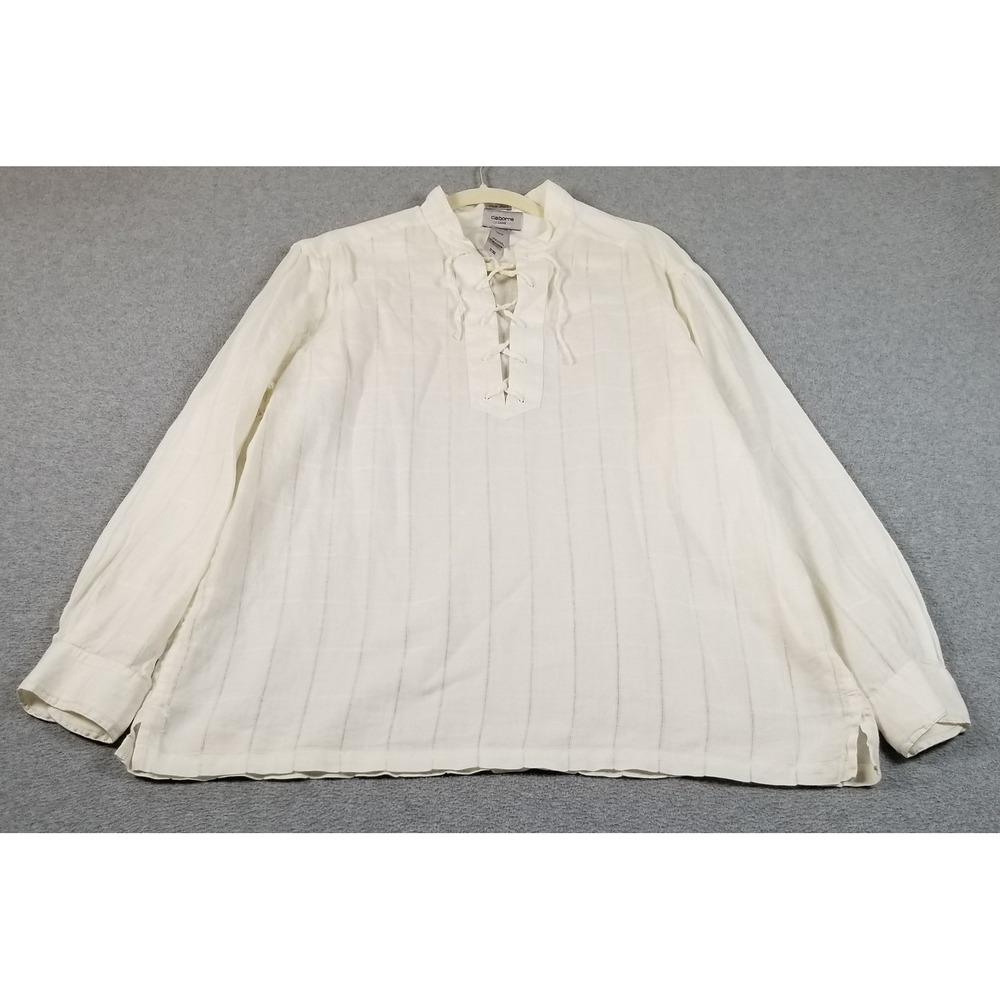 Claiborne Luxe Shirt Womens XL Cream Linen Sheer Lace Up Neck Long Sleeve Tunic